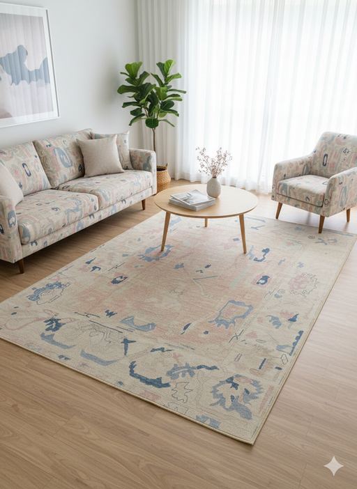 7' x 10' Rectangular Beige & Blue Abstract Floral Modern Washable Area Rug placed in a cozy living room with light wood flooring and natural light streaming through the windows.