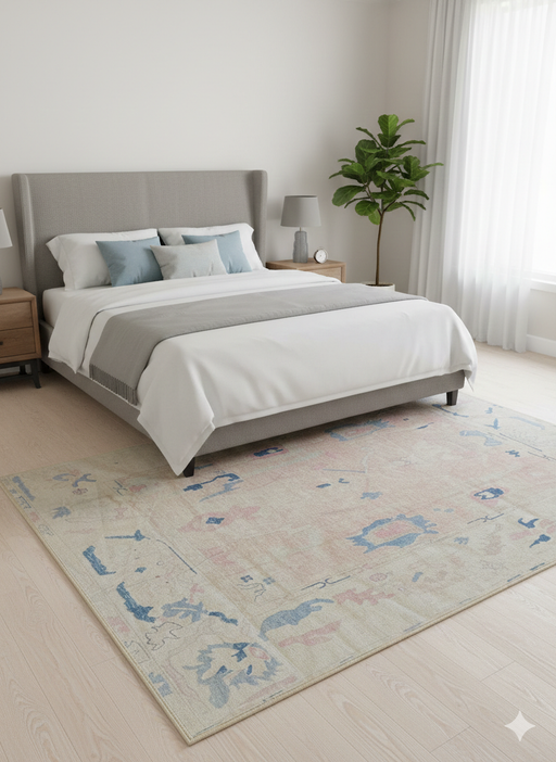 7' x 10' Rectangular Beige & Blue Abstract Floral Modern Washable Area Rug styled in an elegant bedroom with wood nightstands.