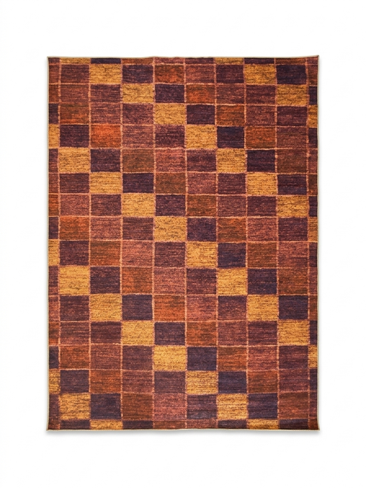 7' x 10' Rectangular Brown & Rust Checkered Geometric Modern Washable Area Rug isolated on a white background.