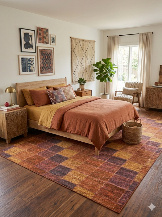 7' x 10' Rectangular Brown & Rust Checkered Geometric Modern Washable Area Rug styled in a bedroom with warm-toned bedding and natural wood accents.