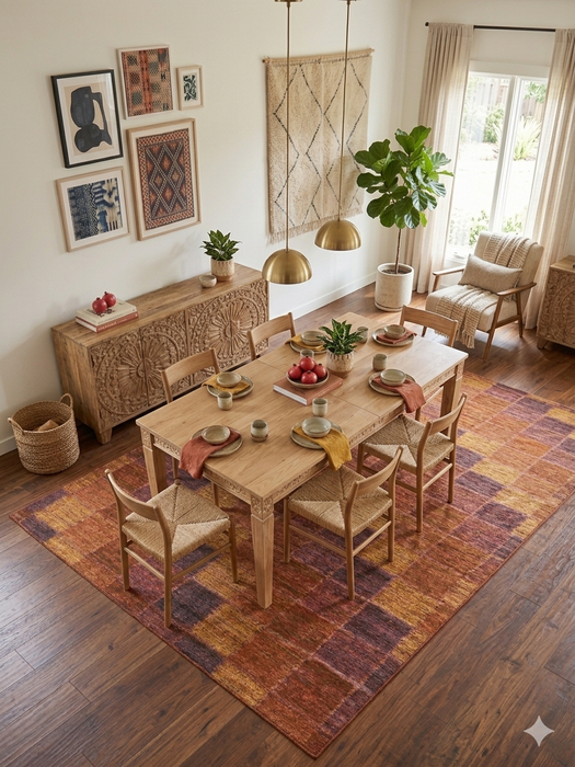 7' x 10' Rectangular Brown & Rust Checkered Geometric Modern Washable Area Rug styled in a dining room with wood furniture and warm natural light.