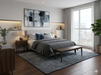 7' x 10' Rectangular Gray Charcoal Distressed Abstract Modern Washable Area Rug placed under a bed in a modern bedroom with layered gray bedding and sleek furnishings.