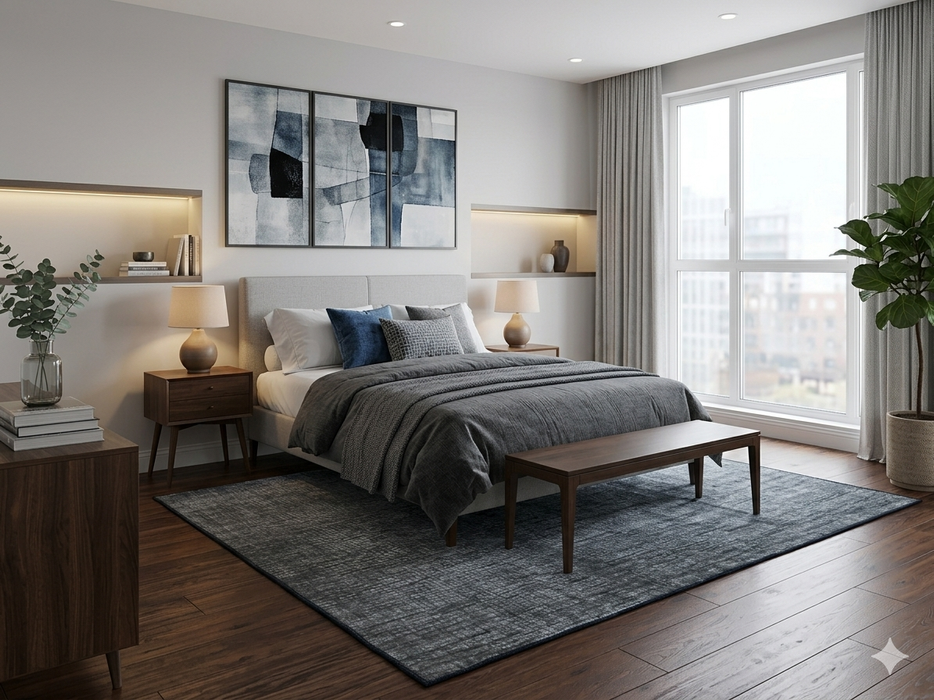 7' x 10' Rectangular Gray Charcoal Distressed Abstract Modern Washable Area Rug placed under a bed in a modern bedroom with layered gray bedding and sleek furnishings.