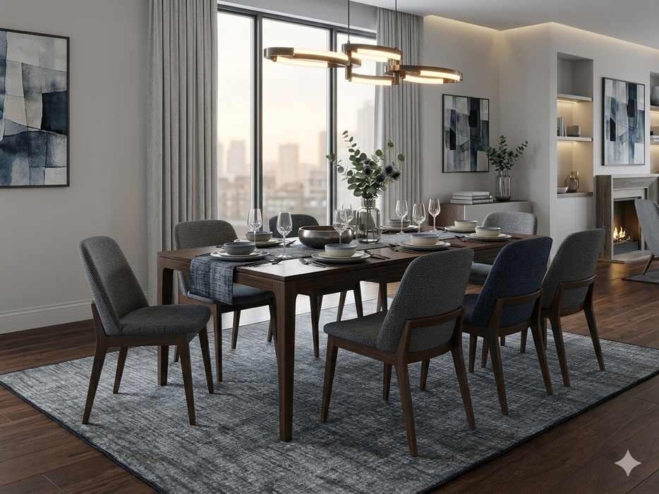 7' x 10' Rectangular Gray Charcoal Distressed Abstract Modern Washable Area Rug shown in a sophisticated dining room with dark wood furniture, upholstered chairs, and urban views.