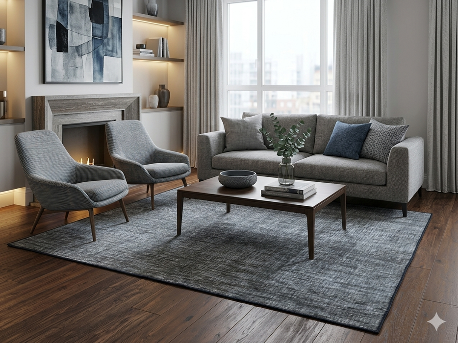 7' x 10' Rectangular Gray Charcoal Distressed Abstract Modern Washable Area Rug styled in a contemporary living room with gray seating, dark wood floors, and minimalist decor.