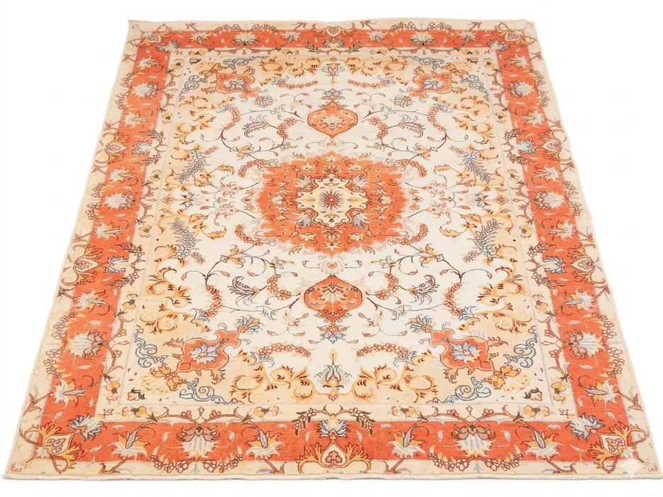 7' x 10' Rectangular Ivory Coral Floral Medallion Traditional Area Rug isolated on a white background.