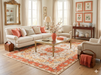 7' x 10' Rectangular Ivory & Coral Floral Medallion Traditional Area Rug styled in an elegant traditional living room.