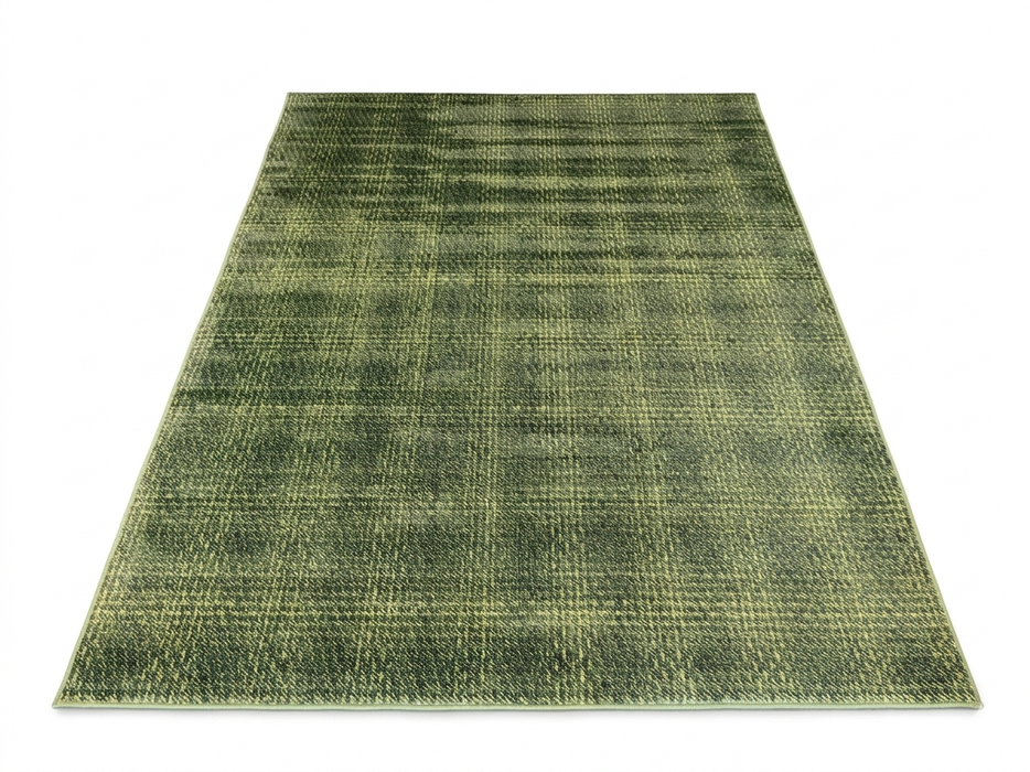 7' x 10' Rectangular Olive Green Textured Plaid Modern Area Rug isolated on a white background.