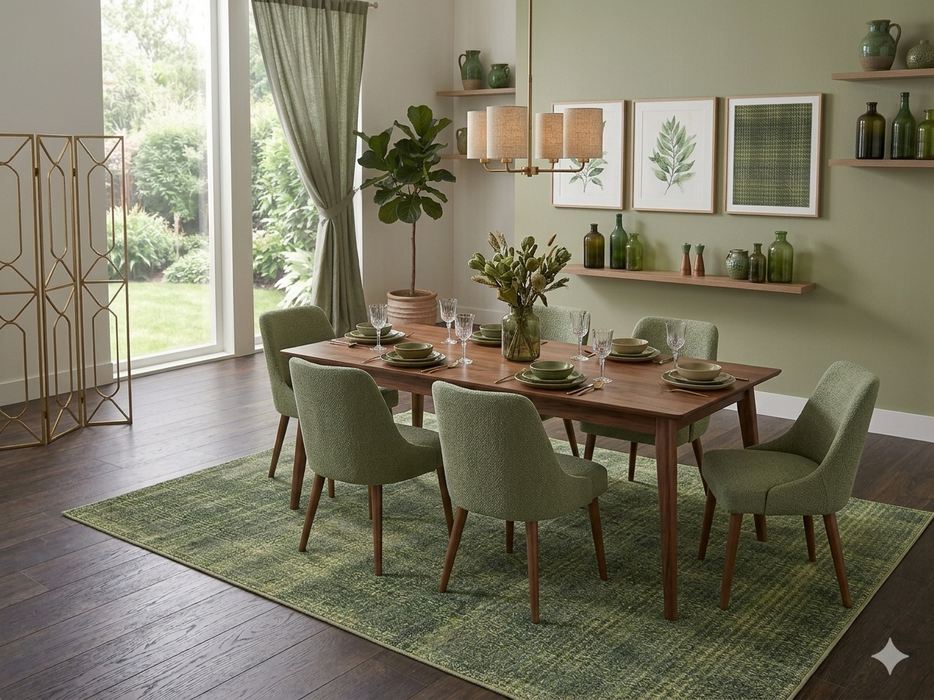 7' x 10' Rectangular Olive Green Textured Plaid Modern Area Rug showcased in a contemporary dining room with green upholstered chairs and warm walnut finishes.