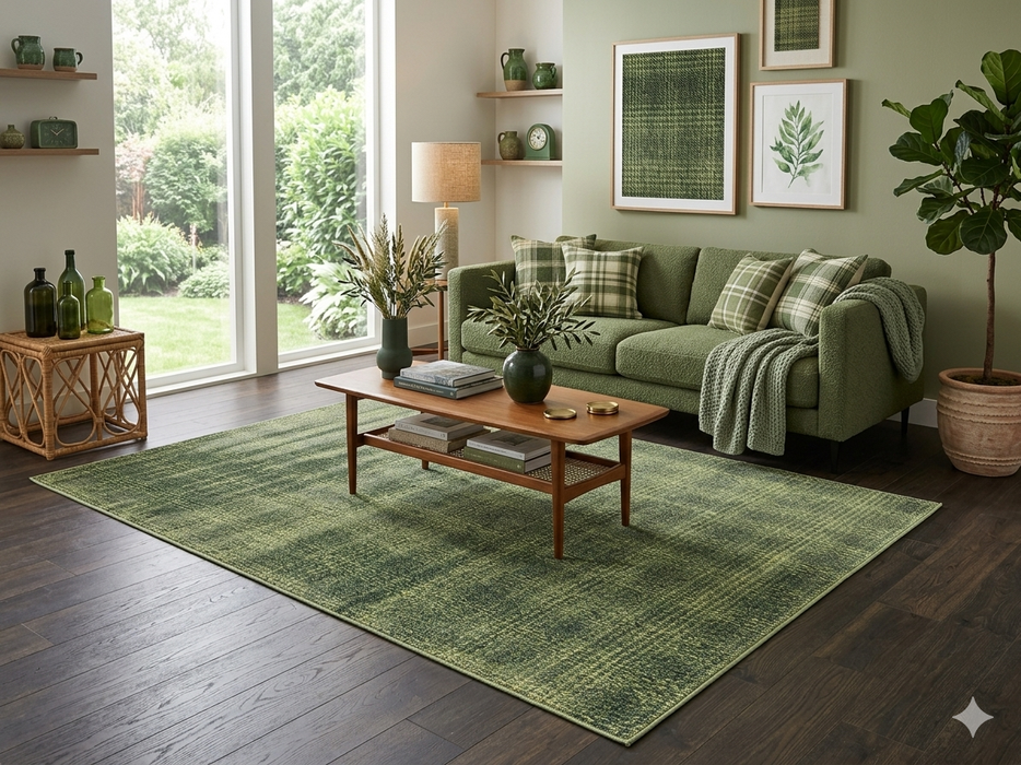 7' x 10' Rectangular Olive Green Textured Plaid Modern Area Rug styled in a cozy living room with sage green furnishings and natural wood accents.
