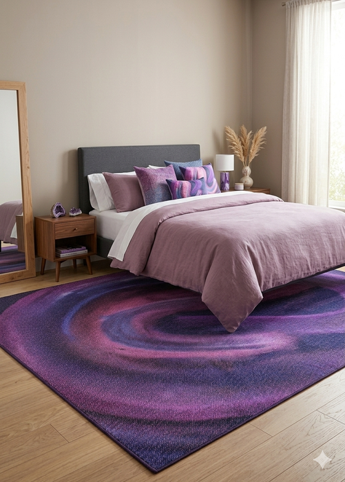 7' x 10' Rectangular Purple & Pink Abstract Modern Area Rug placed beneath a bed in a chic modern bedroom.