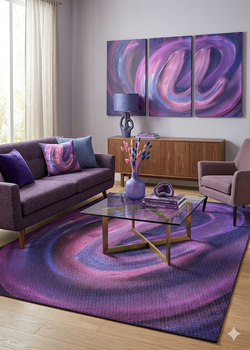 7' x 10' Rectangular Purple & Pink Abstract Modern Area Rug styled in a contemporary living room with violet accents.