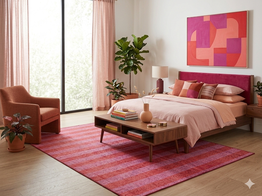 7' x 10' Rectangular Red Pink Striped Contemporary Area Rug placed beneath a bed in a chic contemporary bedroom.