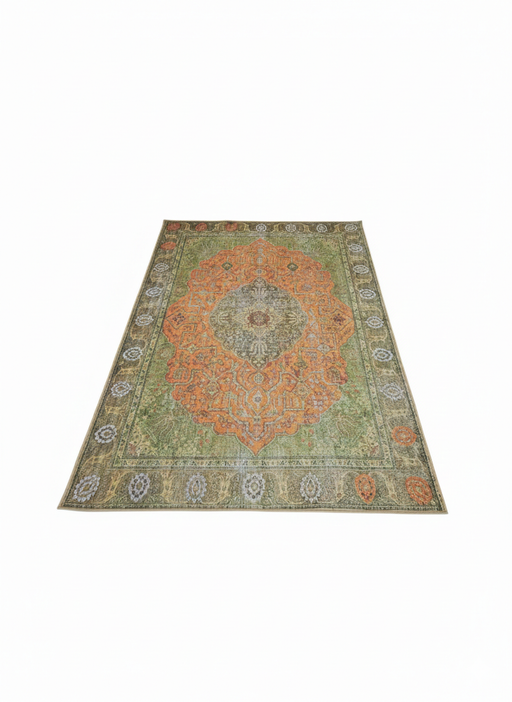 7' x 10' Rectangular Sage Green & Rust Orange Medallion Traditional Washable Area Rug displayed on a light neutral background.