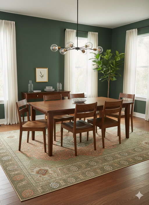 7' x 10' Rectangular Sage Green & Rust Orange Medallion Traditional Washable Area Rug placed under a wooden dining table in a bright, modern dining room with natural light.
