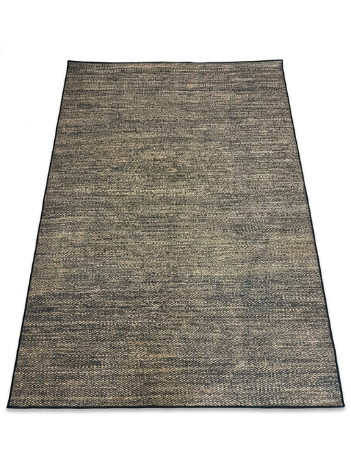 7' x 10' rectangular beige & charcoal textured minimalist modern area rug isolated on a white background.