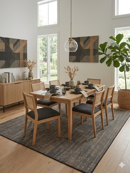 7' x 10' rectangular beige & charcoal textured minimalist modern area rug placed in a dining room with a wooden table, woven chairs, and natural light.