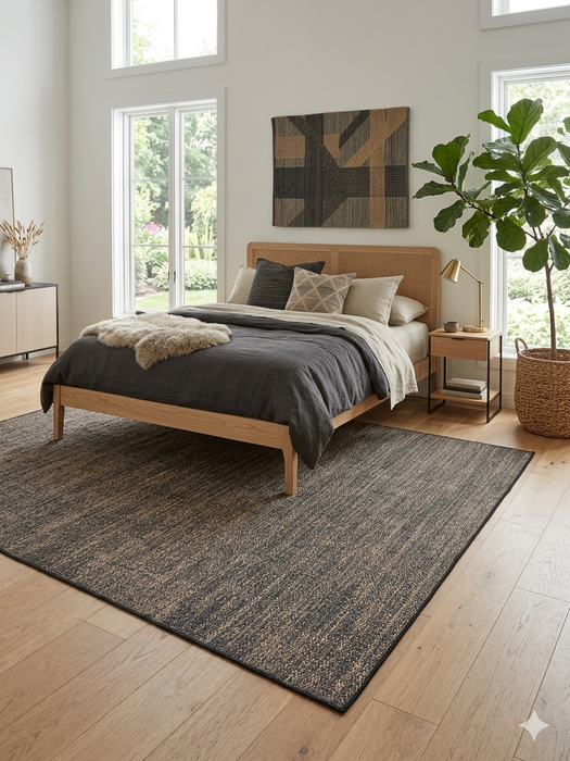 7' x 10' rectangular beige & charcoal textured minimalist modern area rug styled in a bedroom with a low-profile bed, neutral bedding, and warm wood accents.