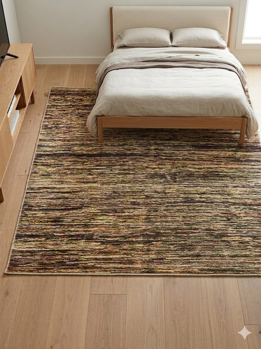 7' x 7' Square Beige & Brown Abstract Modern Area Rug styled in a bedroom with soft neutral bedding and clean lines.