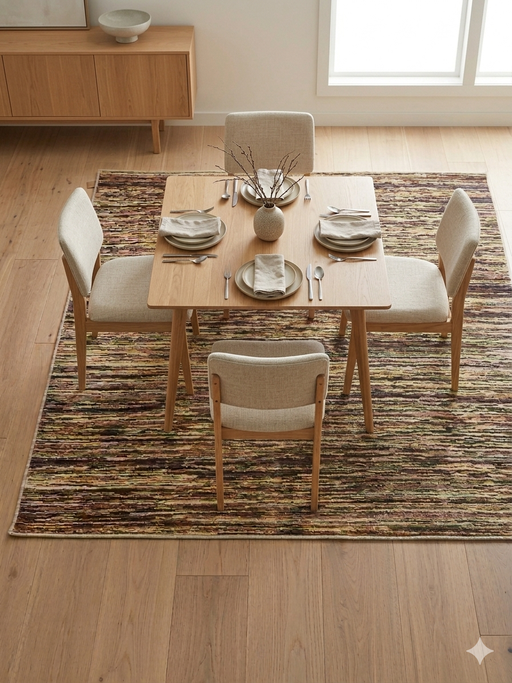 7' x 7' Square Beige & Brown Abstract Modern Area Rug styled in a dining area with light wood furniture and simple table settings.