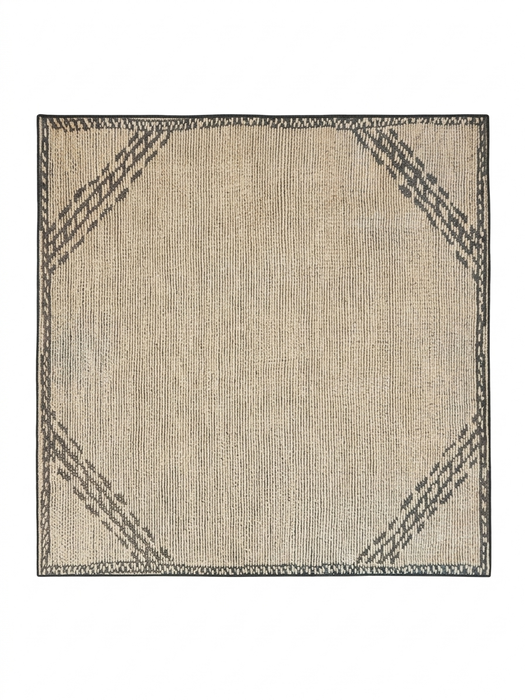7' x 7' Square Beige & Gray Geometric Border Modern Area Rug isolated on a white background.