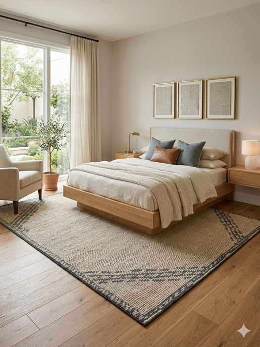 7' x 7' Square Beige & Gray Geometric Border Modern Area Rug styled in a bedroom with neutral bedding and soft natural light.