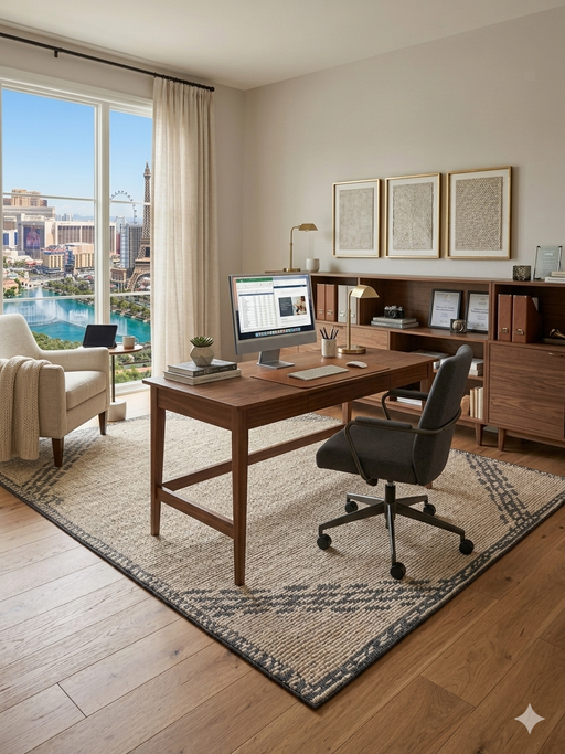 7' x 7' Square Beige & Gray Geometric Border Modern Area Rug styled in a home office with a wooden desk and city view.