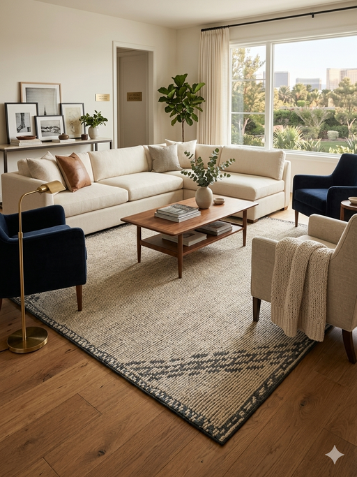 7' x 7' Square Beige & Gray Geometric Border Modern Area Rug styled in a living room with light seating and modern accents.