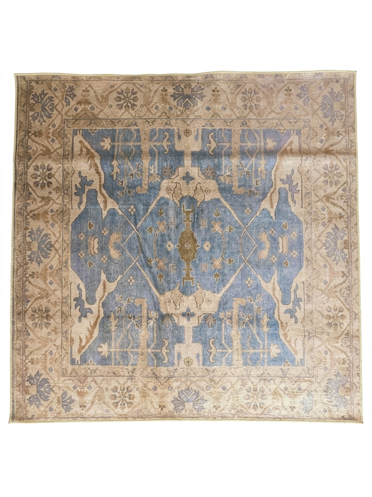 7' x 7' Square Blue Beige & Ivory Geometric Traditional Area Rug isolated on a white background.