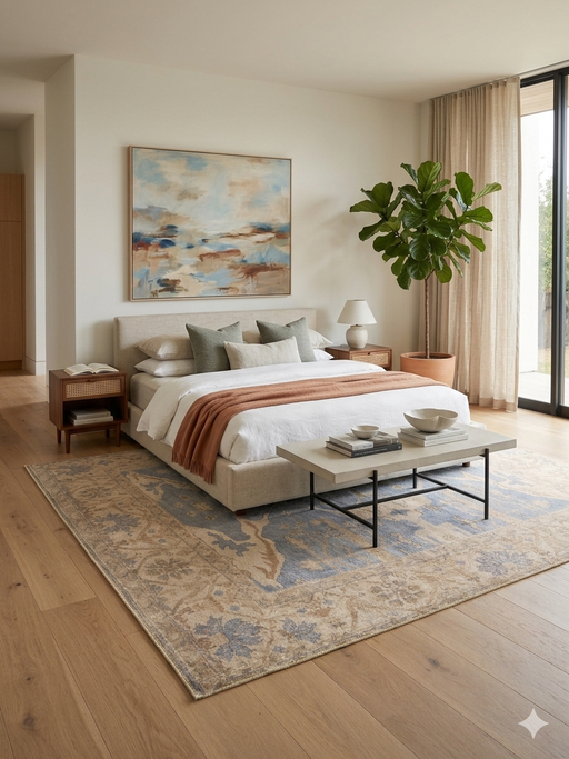 7' x 7' Square Blue Beige & Ivory Geometric Traditional Area Rug styled in a bedroom with layered neutral bedding and soft textures.