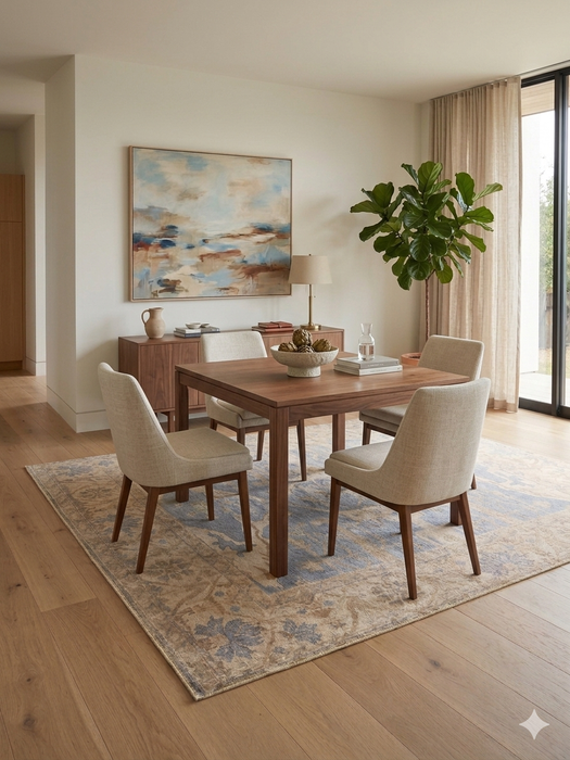 7' x 7' Square Blue Beige & Ivory Geometric Traditional Area Rug styled in a dining room with a wooden table and soft natural light.