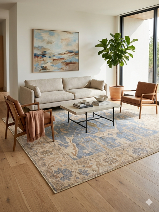 7' x 7' Square Blue Beige & Ivory Geometric Traditional Area Rug isolated on a white background.