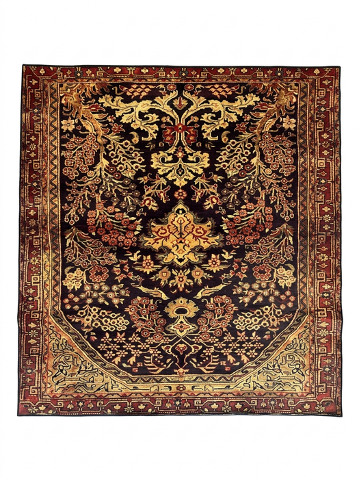 7' x 7' Square Burgundy Gold Floral Medallion Traditional Area Rug isolated on a white background.