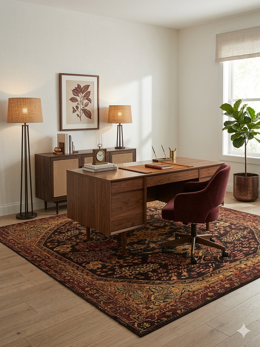 7' x 7' Square Burgundy Gold Floral Medallion Traditional Area Rug styled in a home office with mid-century wood desk and accent chair.