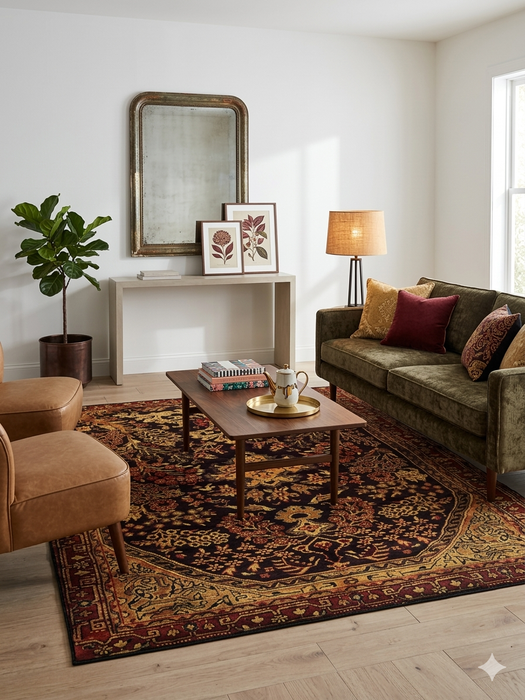 7' x 7' Square Burgundy Gold Floral Medallion Traditional Area Rug styled in a living room with leather seating and classic decor.