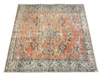 7' x 7' Square Coral Blue Distressed Floral Vintage Area Rug isolated on a white background.