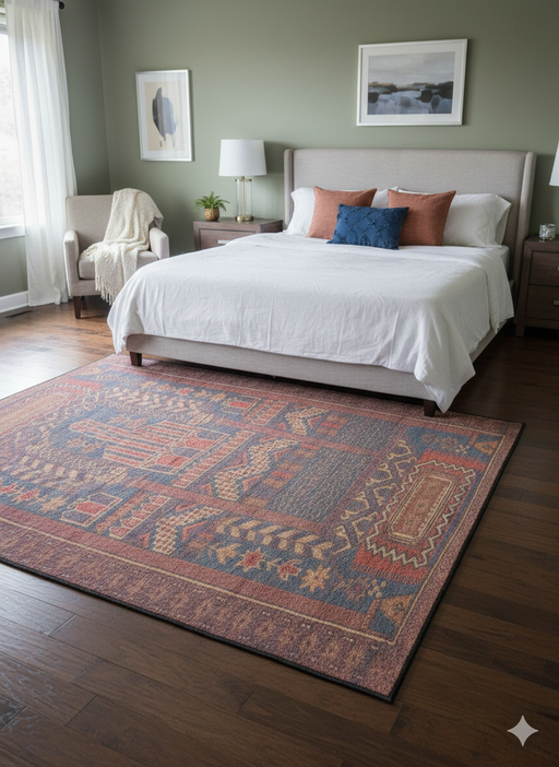7' x 7' Square Deep Muted Navy Rust Red & Gold Washable Area Rug placed in a cozy bedroom setting.