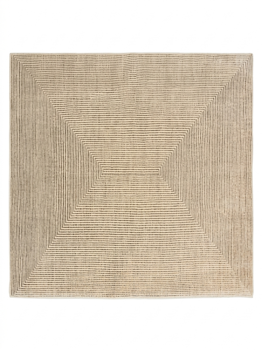 7' x 7' Square Ivory Beige Geometric Linear Modern Area Rug isolated on a white background.