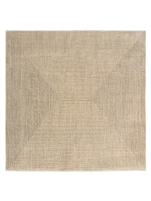 7' x 7' Square Ivory Beige Geometric Linear Modern Area Rug isolated on a white background.