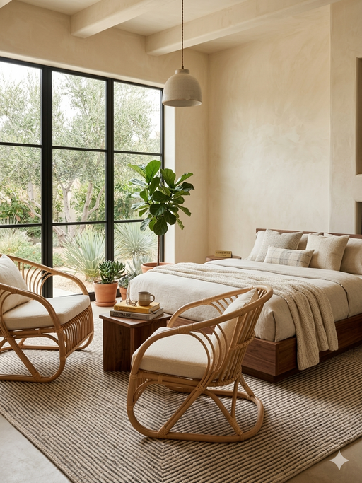 7' x 7' Square Ivory Beige Geometric Linear Modern Area Rug styled in a bedroom with neutral bedding and accent pillows.