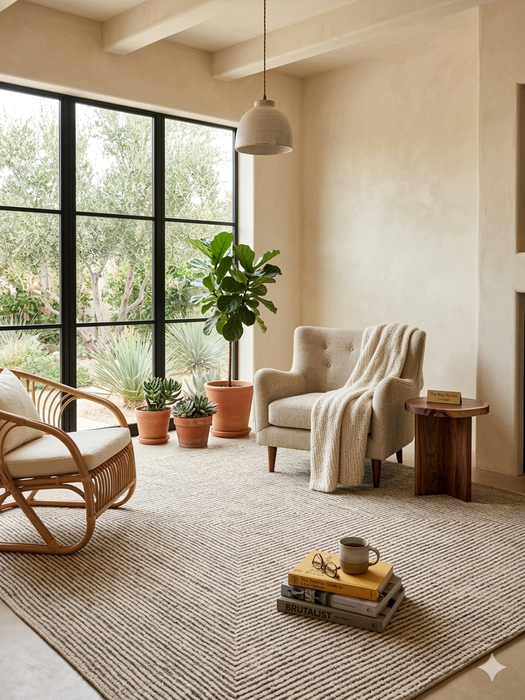 7' x 7' Square Ivory Beige Geometric Linear Modern Area Rug styled in a seating area with accent chairs and botanical wall art.