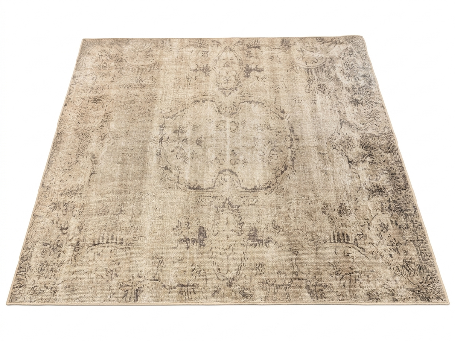 7' x 7' Square Ivory Gray Distressed Medallion Vintage Area Rug displayed on a white background, showcasing its soft ivory and gray distressed medallion design.