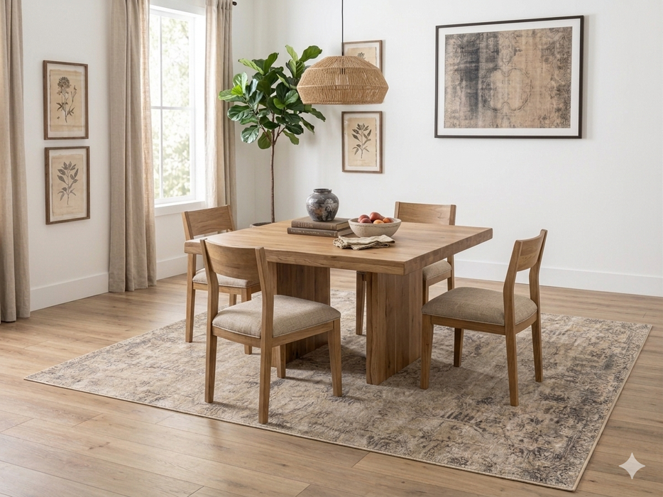 7' x 7' Square Ivory Gray Distressed Medallion Vintage Area Rug shown beneath a square wooden dining table with upholstered chairs in a light and airy dining room.