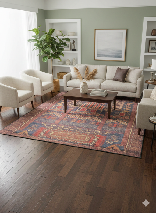 7' x 7' Square Deep Muted Navy Rust Red & Gold Washable Area Rug styled in living room.