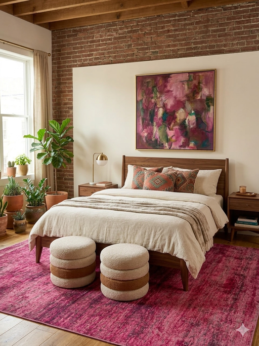 7' x 7' Square Pink & Magenta Abstract Modern Area Rug placed / styled in a cozy bedroom with wood furniture and warm brick wall backdrop.