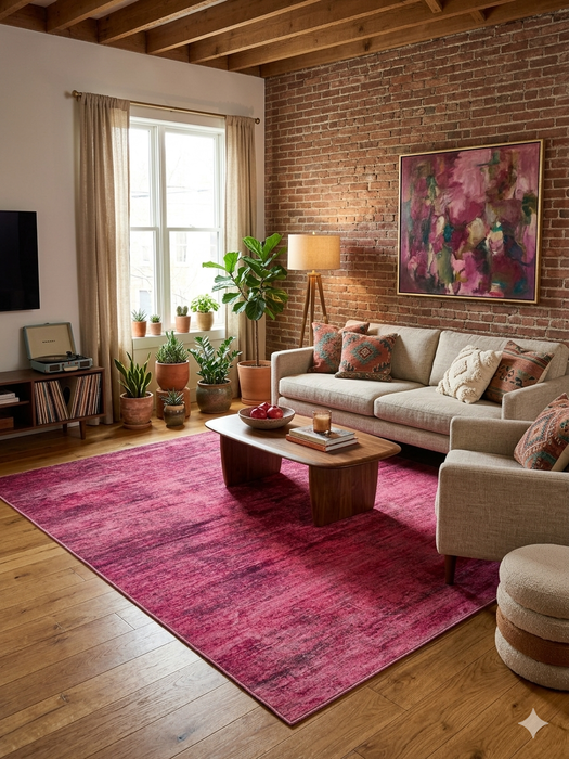 7' x 7' Square Pink & Magenta Abstract Modern Area Rug placed / styled in a modern living room with neutral sofa and wooden accents.