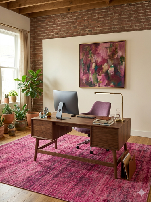 7' x 7' Square Pink Magenta Abstract Modern Area Rug styled in a home office with modern wood furniture.