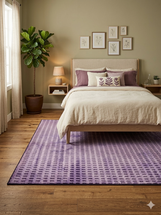 7' x 7' Square Purple Distressed Grid Geometric Modern Area Rug styled in a bedroom with neutral bedding and purple accents.