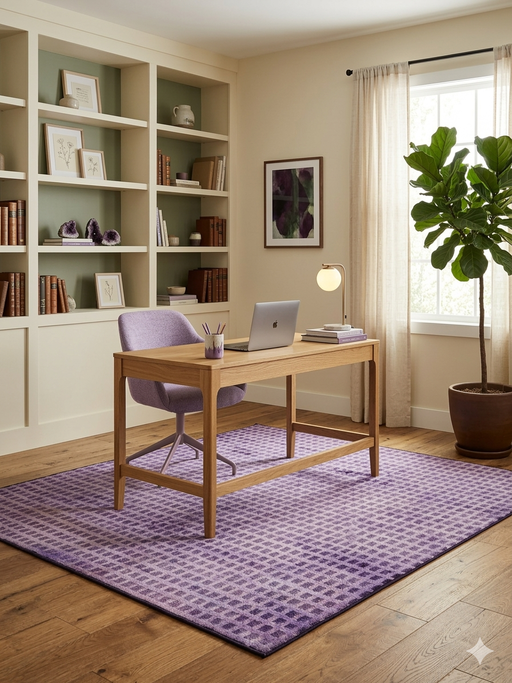 7' x 7' Square Purple Distressed Grid Geometric Modern Area Rug styled in a home office with a wooden desk and shelving.