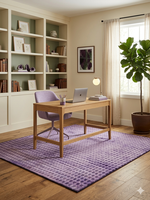 7' x 7' Square Purple Distressed Grid Geometric Modern Area Rug styled in a home office with a wooden desk and shelving.